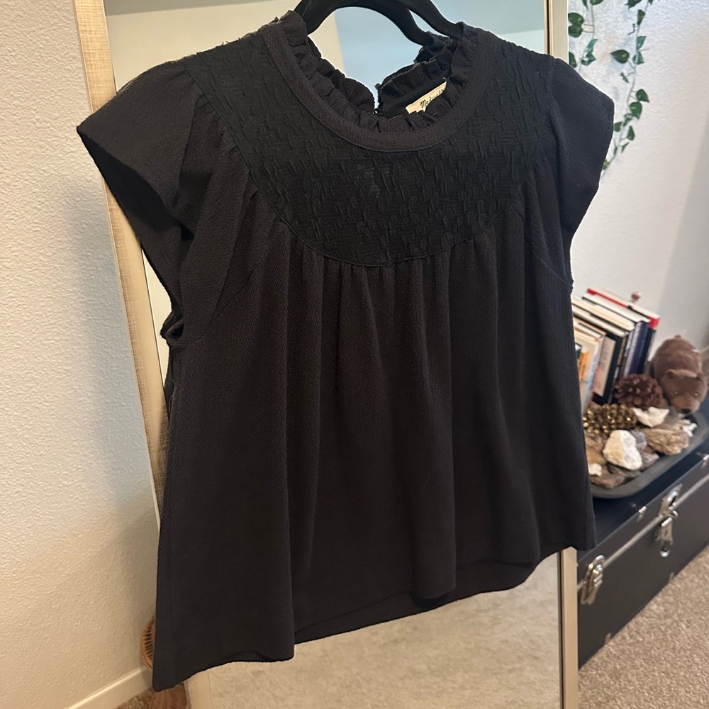 Madewell Black Smocked Cap Sleeve Blouse
